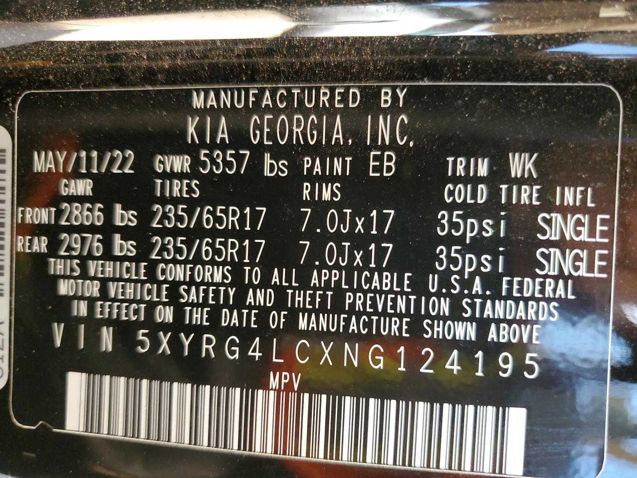 2022 Kia Sorento Lx VIN: 5XYRG4LCXNG124195 Lot: 85419885