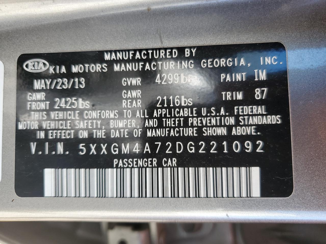 2013 Kia Optima Lx VIN: 5XXGM4A72DG221092 Lot: 82262685