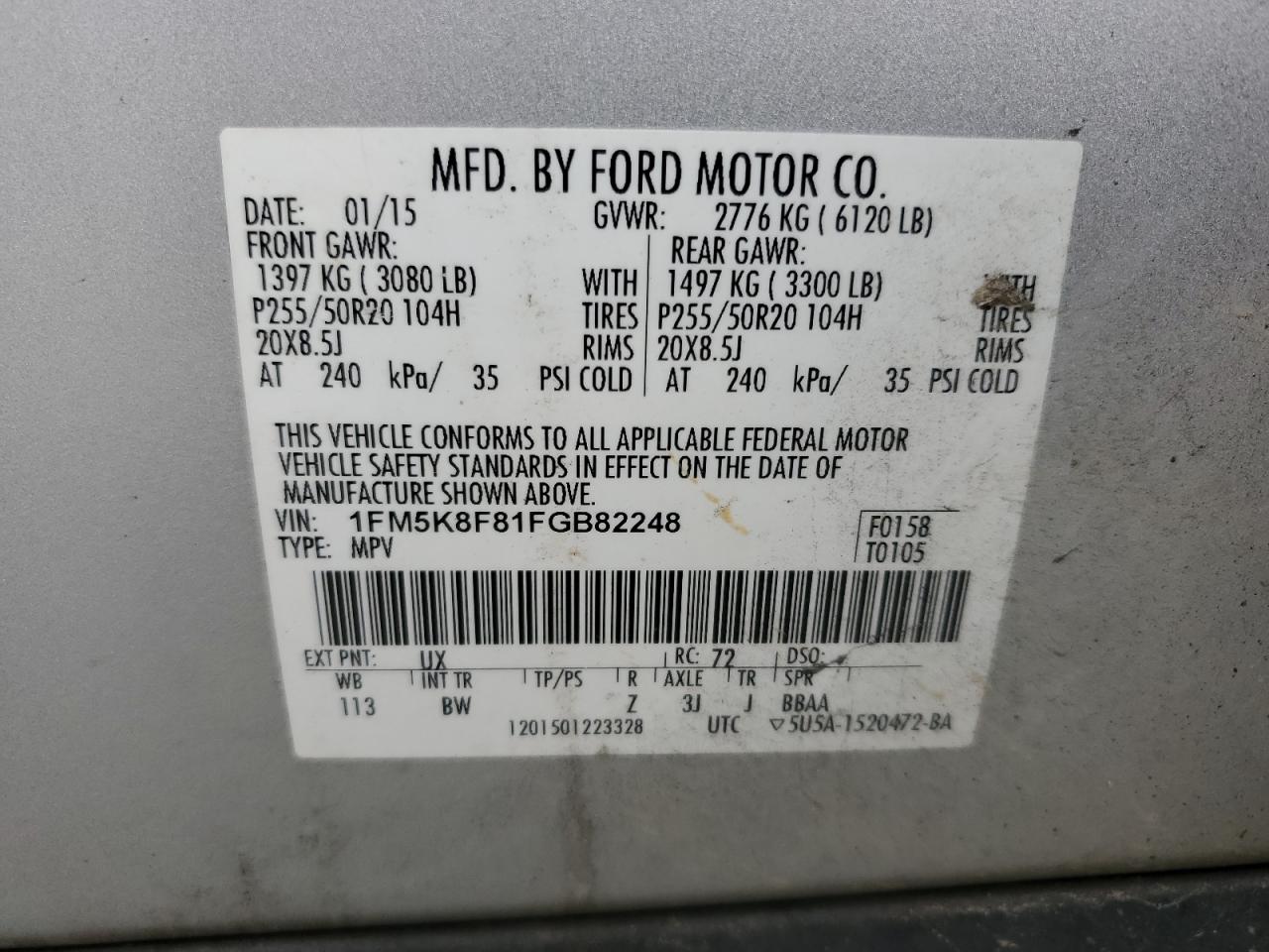 2015 Ford Explorer Limited VIN: 1FM5K8F81FGB82248 Lot: 85331625