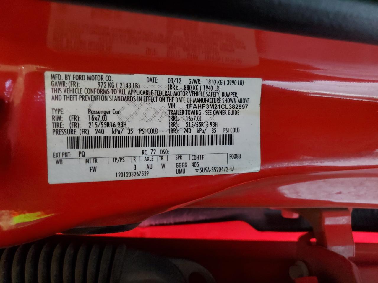 2012 Ford Focus Sel VIN: 1FAHP3M21CL382897 Lot: 85006405