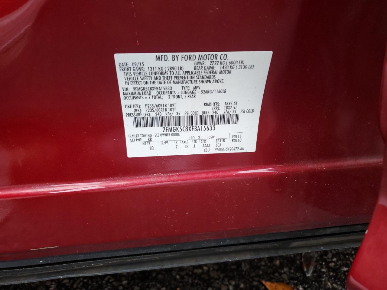 2015 Ford Flex Sel VIN: 2FMGK5C8XFBA15633 Lot: 90239705