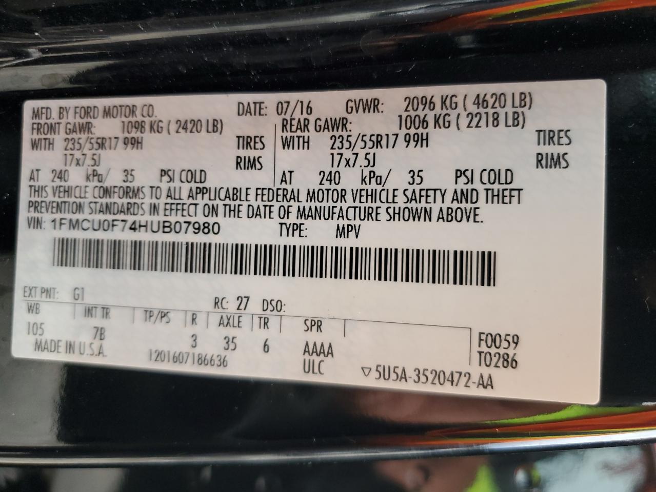 2017 Ford Escape S VIN: 1FMCU0F74HUB07980 Lot: 86069265