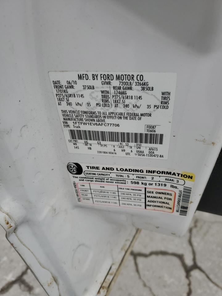 2010 Ford F150 Supercrew VIN: 1FTFW1EV6AFC77706 Lot: 90742785