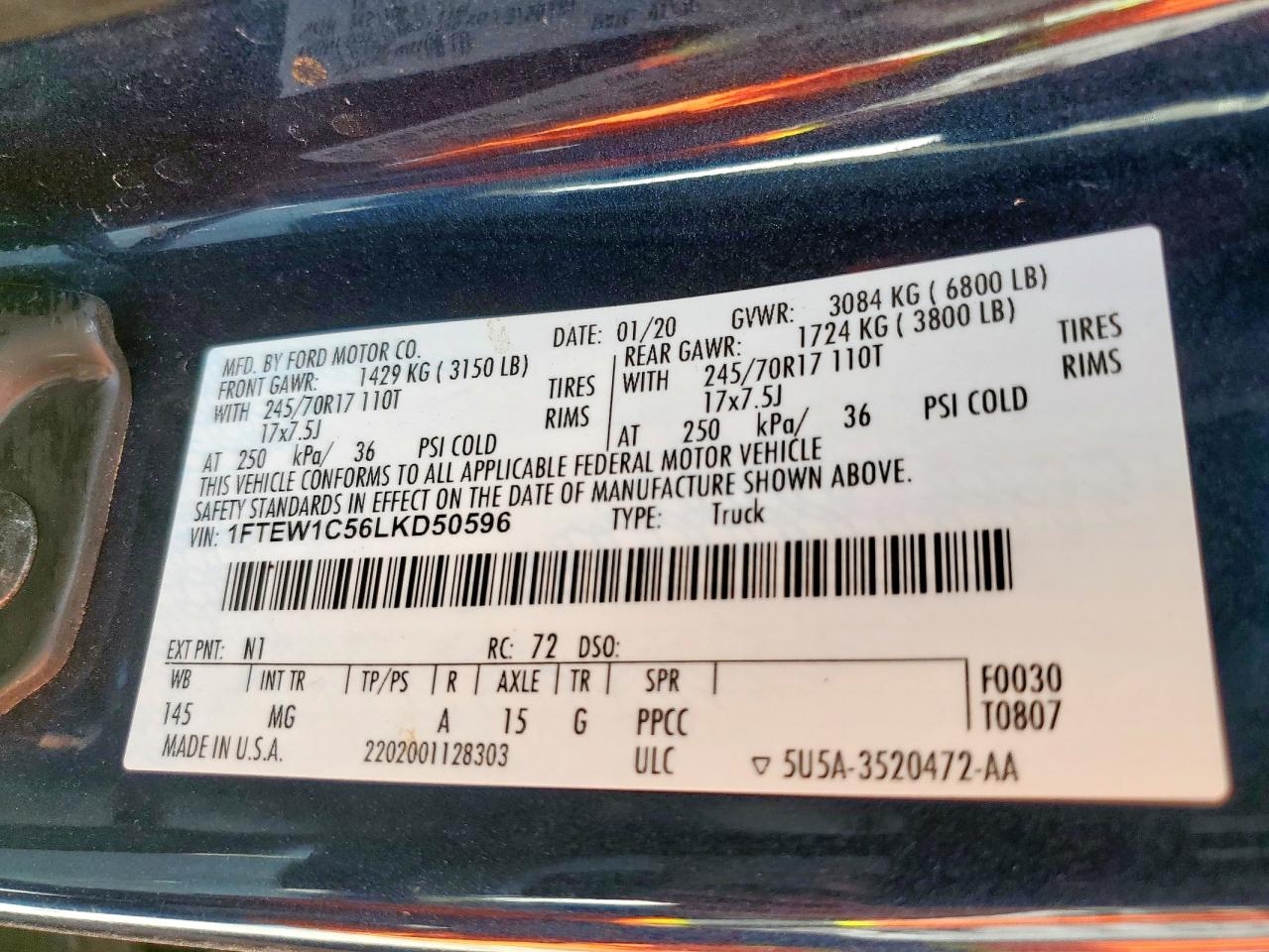 2020 Ford F150 Supercrew VIN: 1FTEW1C56LKD50596 Lot: 85359315