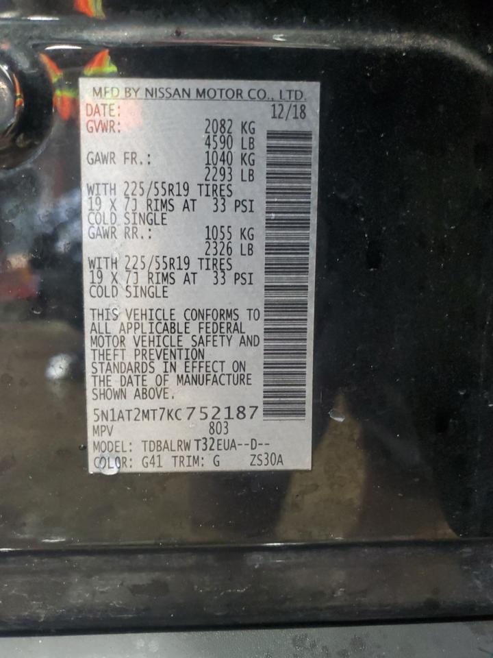 2019 Nissan Rogue S VIN: 5N1AT2MT7KC752187 Lot: 82202905