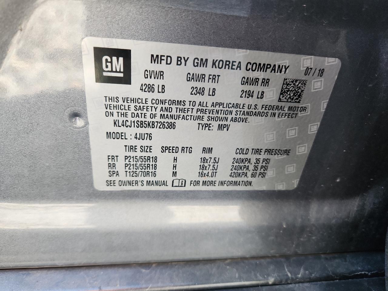 2019 Buick Encore Sport Touring VIN: KL4CJ1SB5KB726386 Lot: 89443815