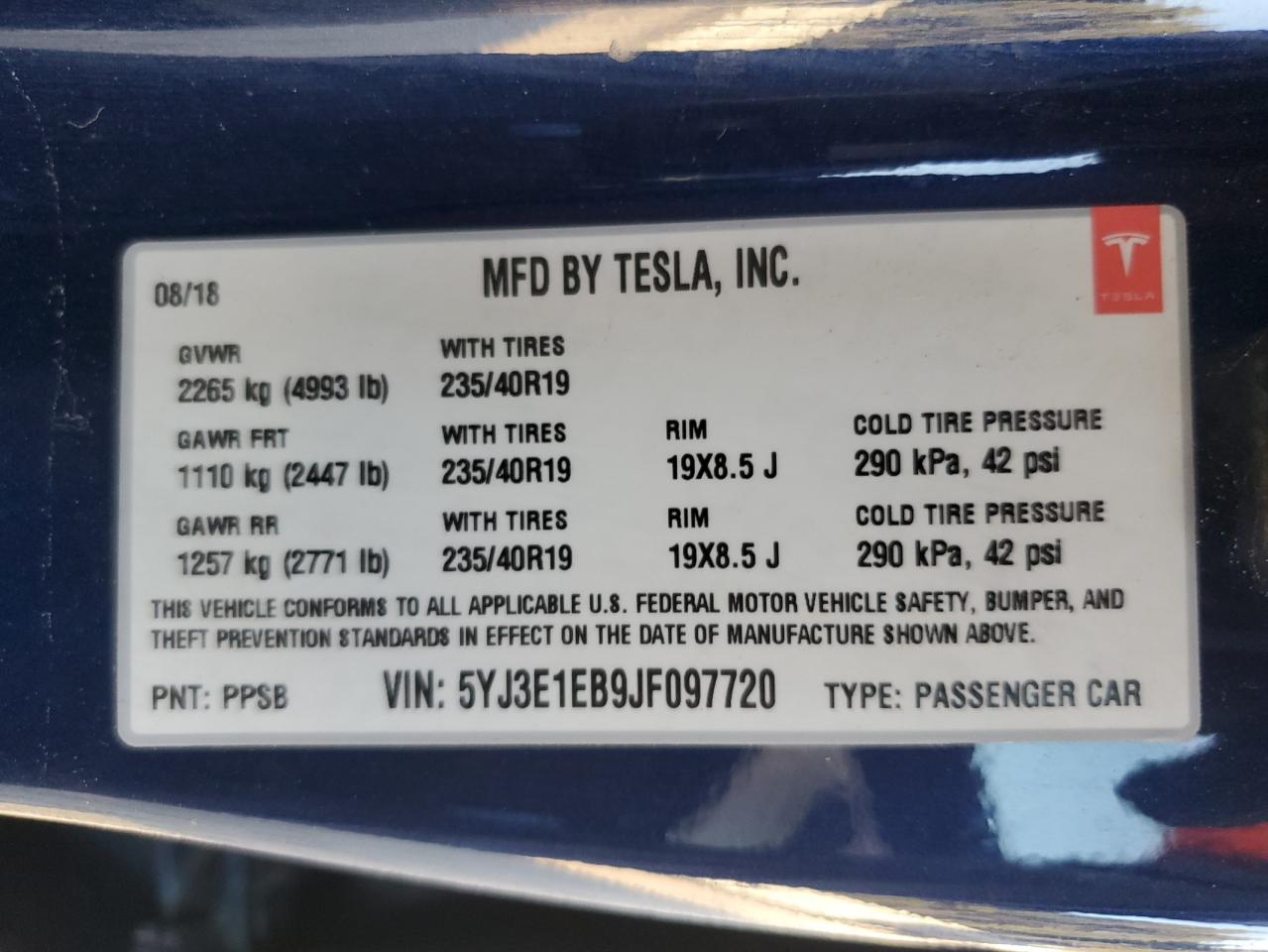 2018 Tesla Model 3 VIN: 5YJ3E1EB9JF097720 Lot: 87364295