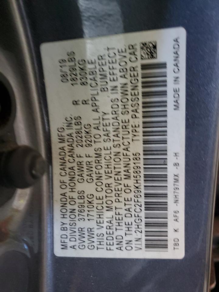 2019 Honda Civic Lx VIN: 2HGFC2F69KH589185 Lot: 85077805