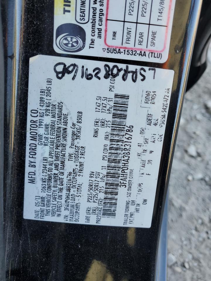 2011 Ford Fusion Se VIN: 3FAHP0HA3BR316786 Lot: 85529885