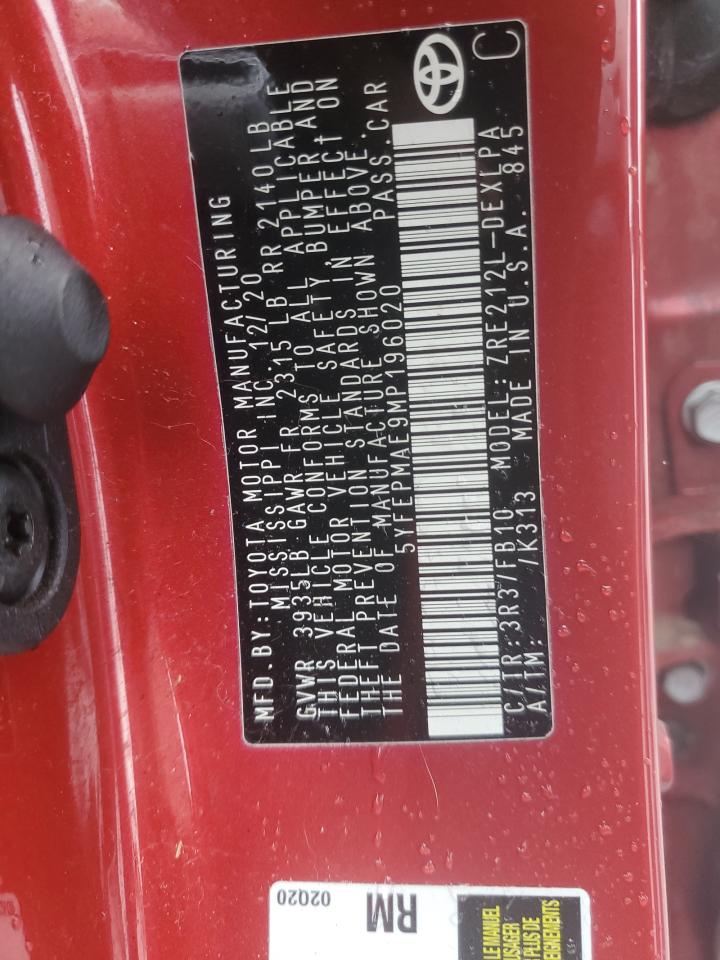 2021 Toyota Corolla Le VIN: 5YFEPMAE9MP196020 Lot: 85364735