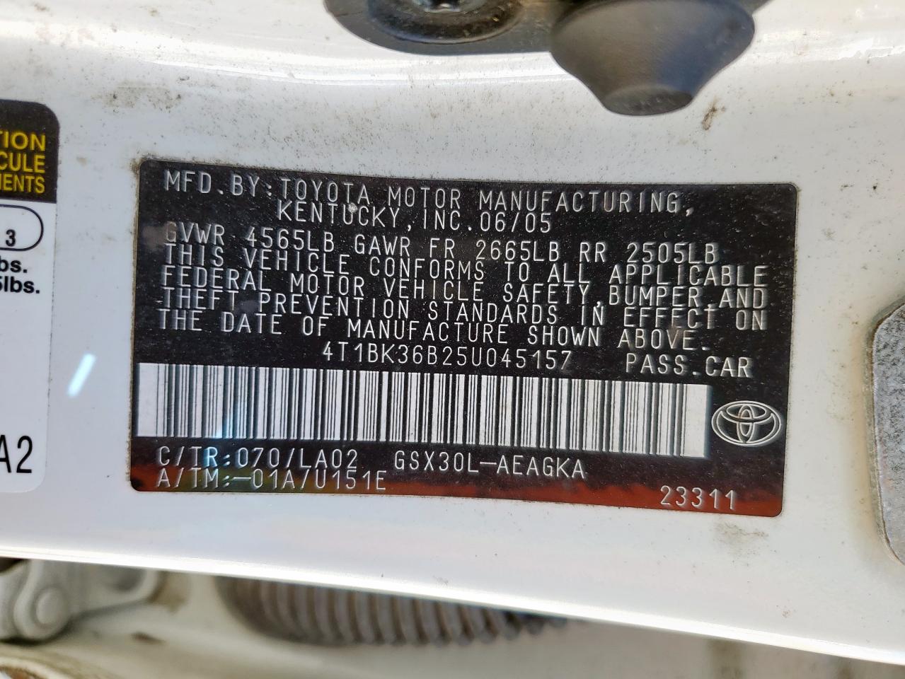 2005 Toyota Avalon Xl VIN: 4T1BK36B25U045157 Lot: 86254295