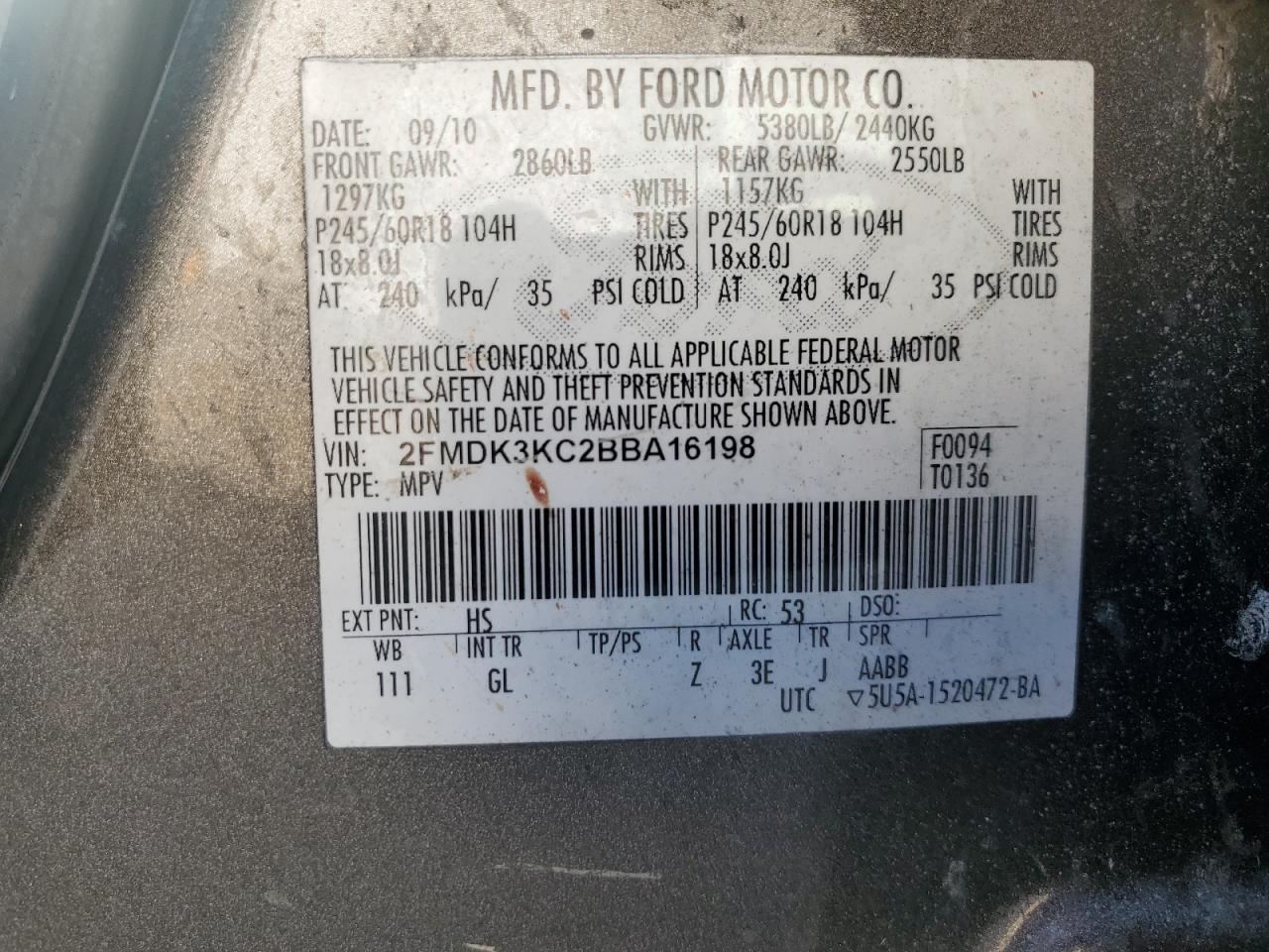 2011 Ford Edge Limited VIN: 2FMDK3KC2BBA16198 Lot: 85204725