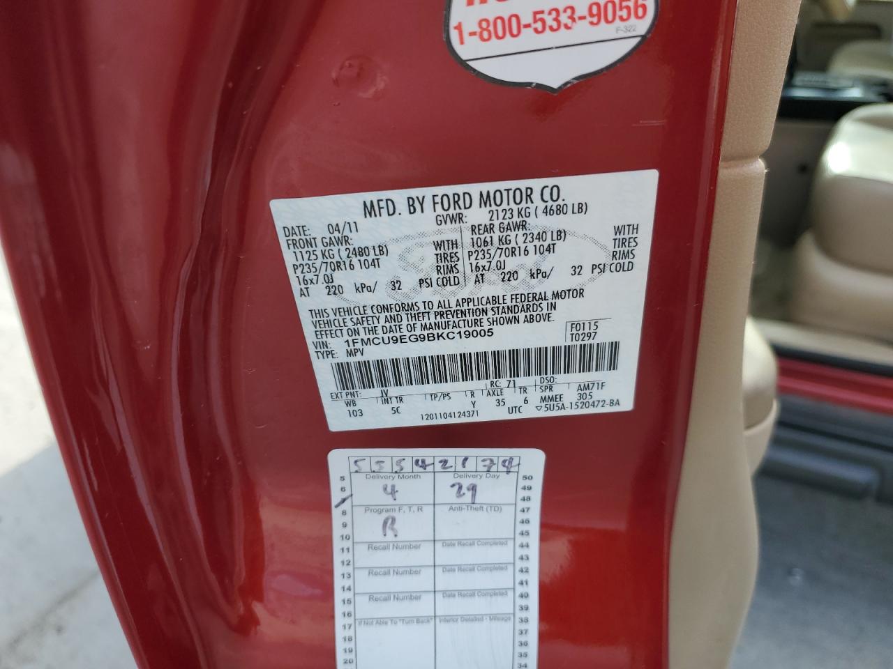 2011 Ford Escape Limited VIN: 1FMCU9EG9BKC19005 Lot: 82255165