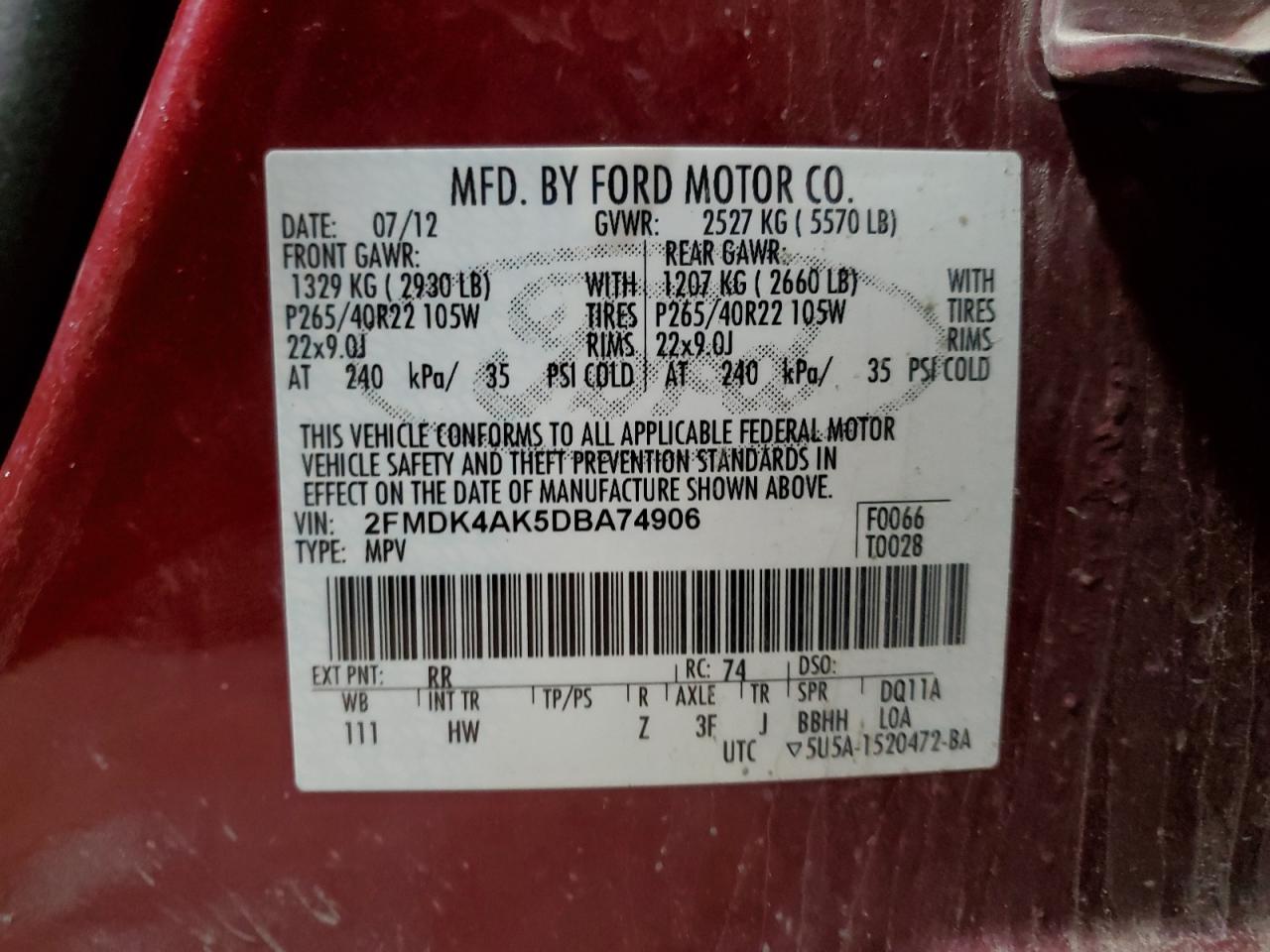 2013 Ford Edge Sport VIN: 2FMDK4AK5DBA74906 Lot: 84992215