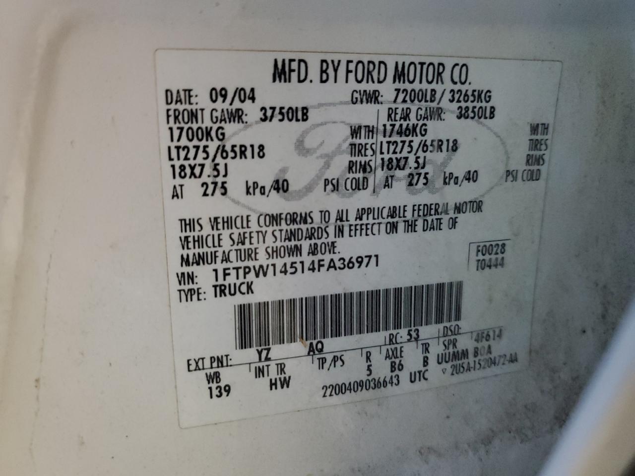 2004 Ford F150 Supercrew VIN: 1FTPW14514FA36971 Lot: 90405075