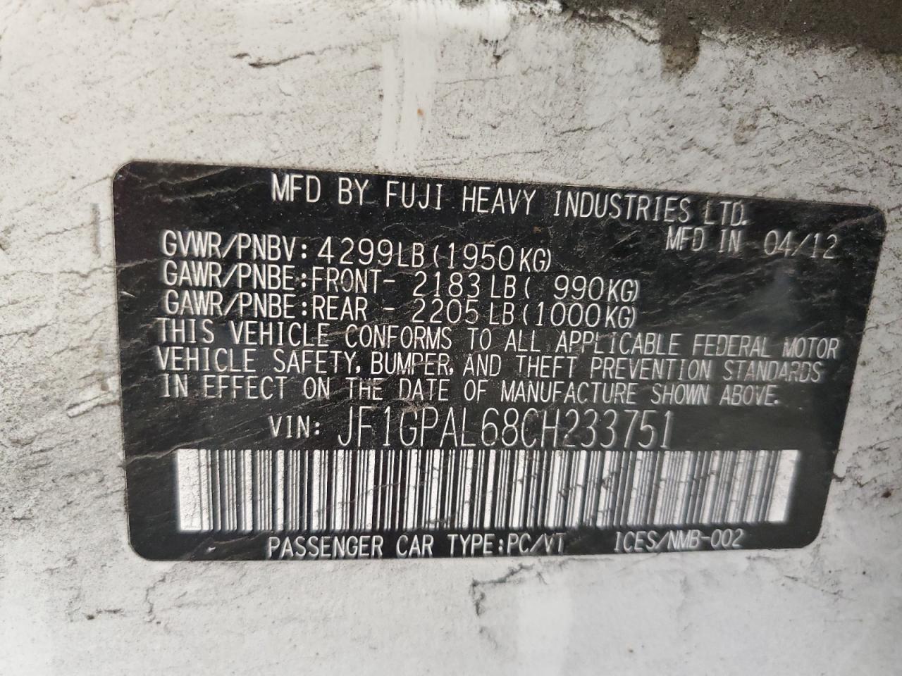 2012 Subaru Impreza Sport Premium VIN: JF1GPAL68CH233751 Lot: 86771635