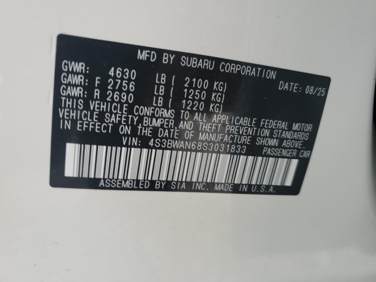 2025 Subaru Legacy Limited VIN: 4S3BWAN68S3031833 Lot: 86633365