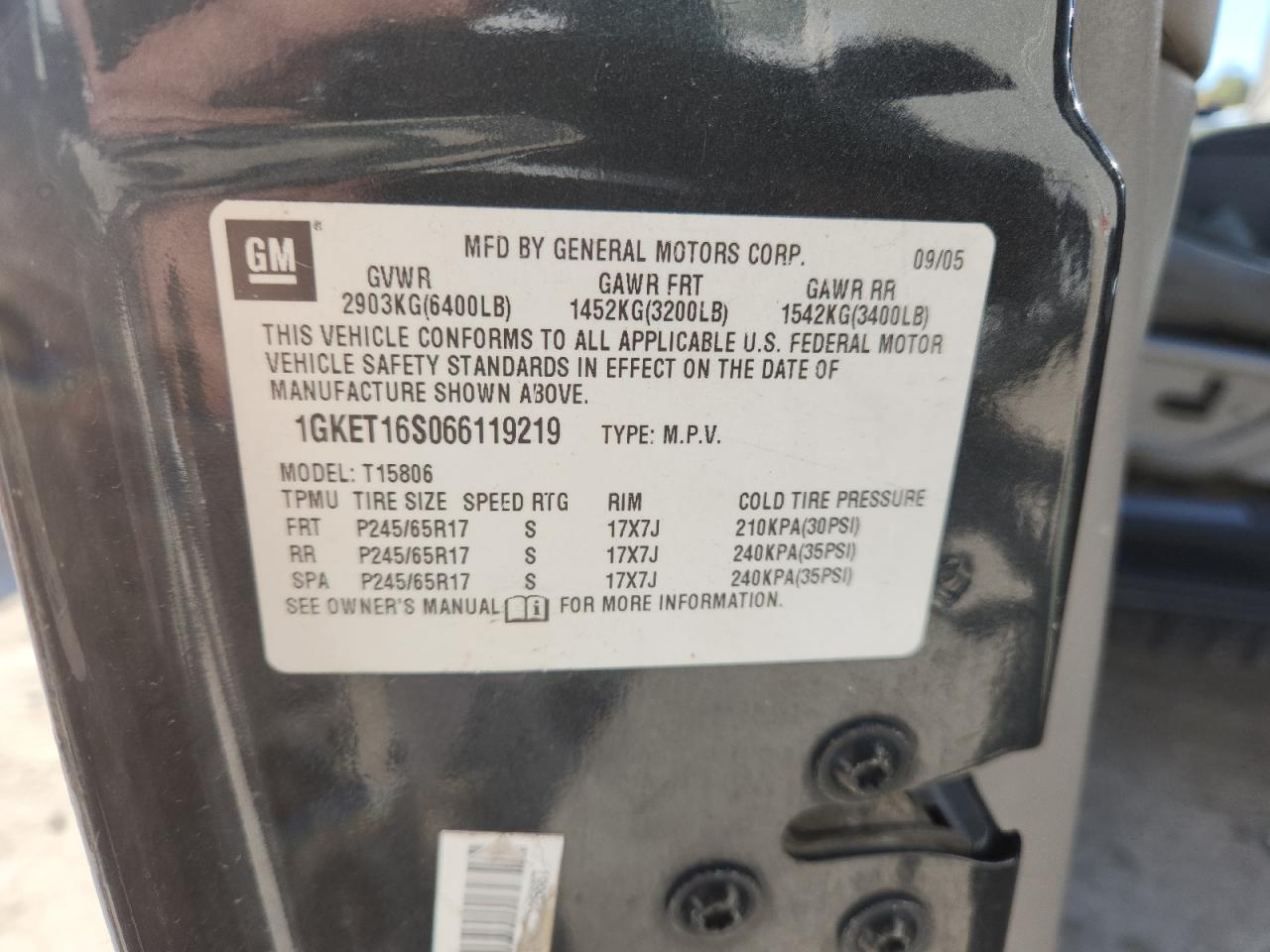 2006 GMC Envoy Xl VIN: 1GKET16S066119219 Lot: 87394865