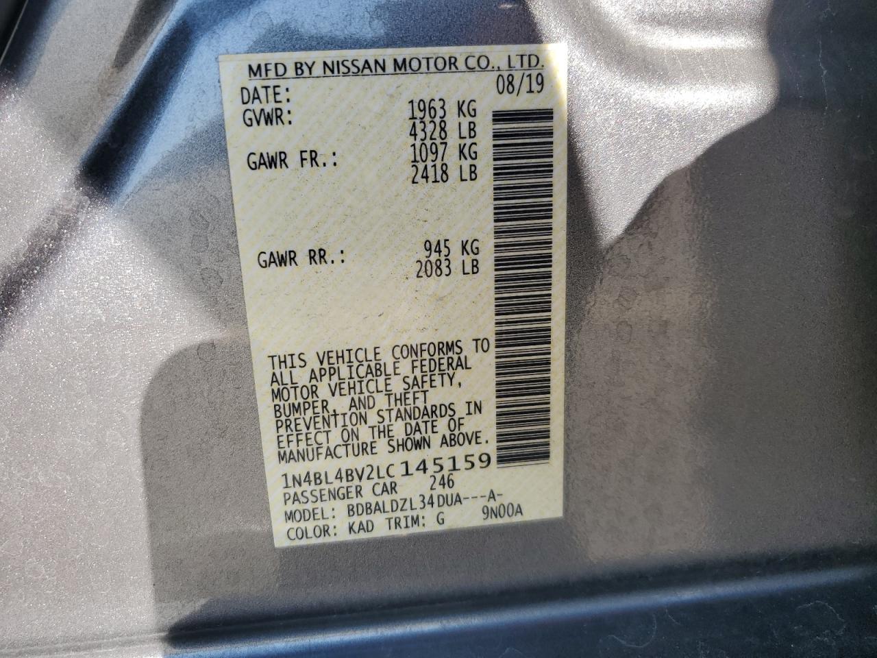 2020 Nissan Altima S VIN: 1N4BL4BV2LC145159 Lot: 85490955