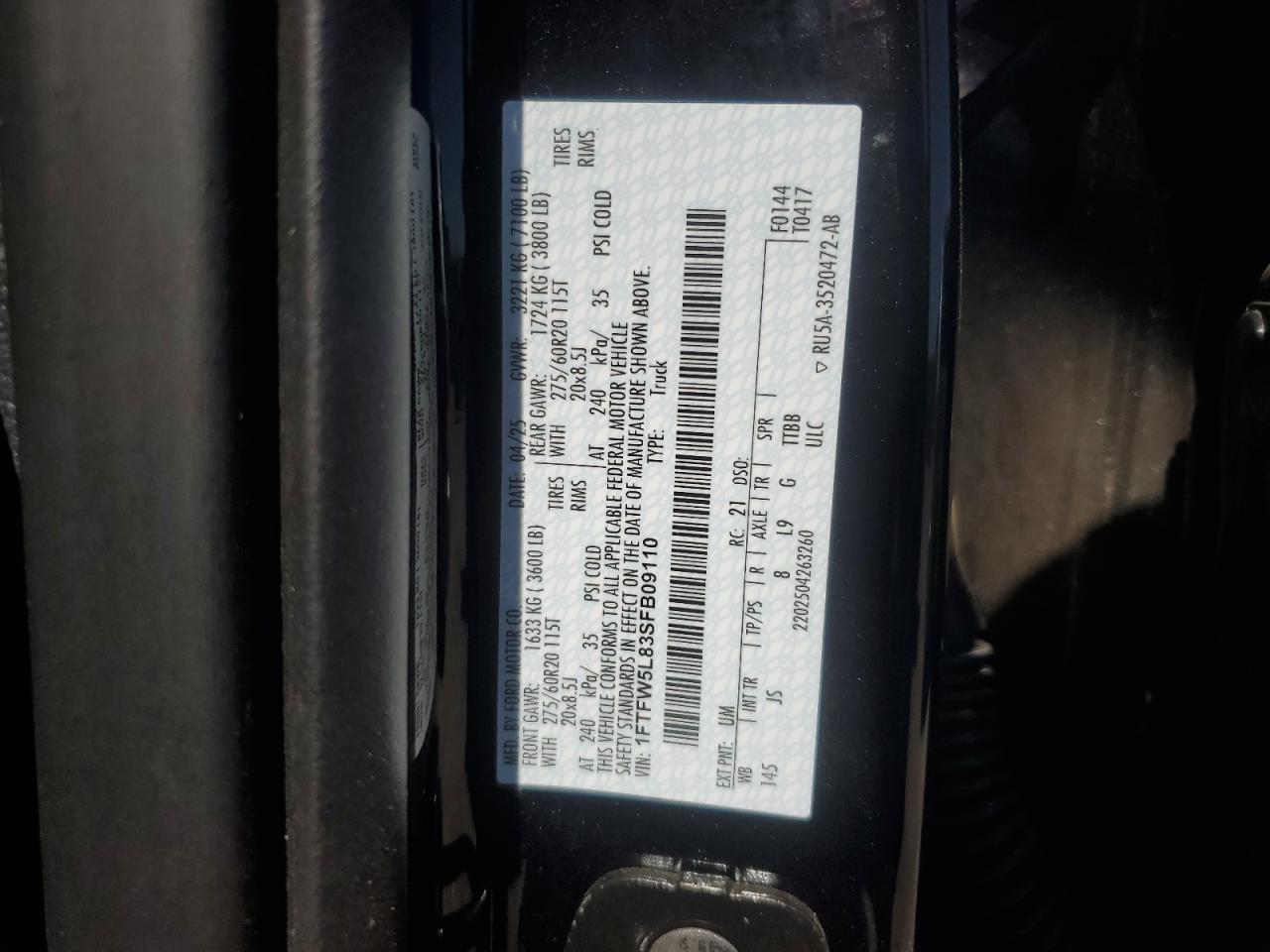 2025 Ford F150 Lariat VIN: 1FTFW5L83SFB09110 Lot: 82604835