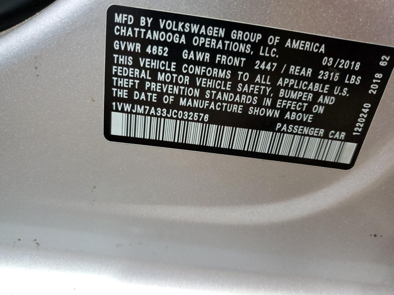 2018 Volkswagen Passat Gt VIN: 1VWJM7A33JC032576 Lot: 85353255