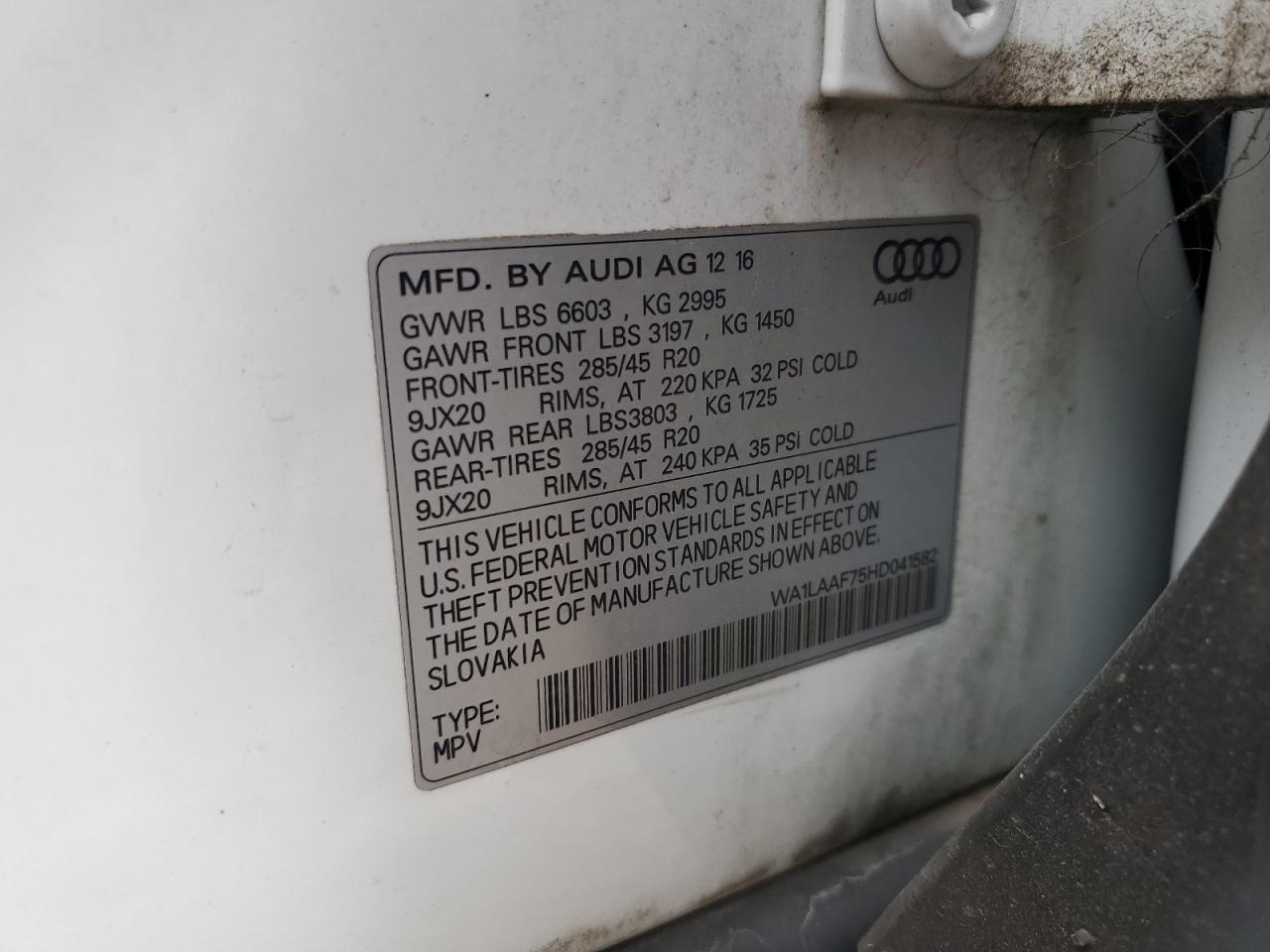 2017 Audi Q7 Premium Plus VIN: WA1LAAF75HD041582 Lot: 86076385