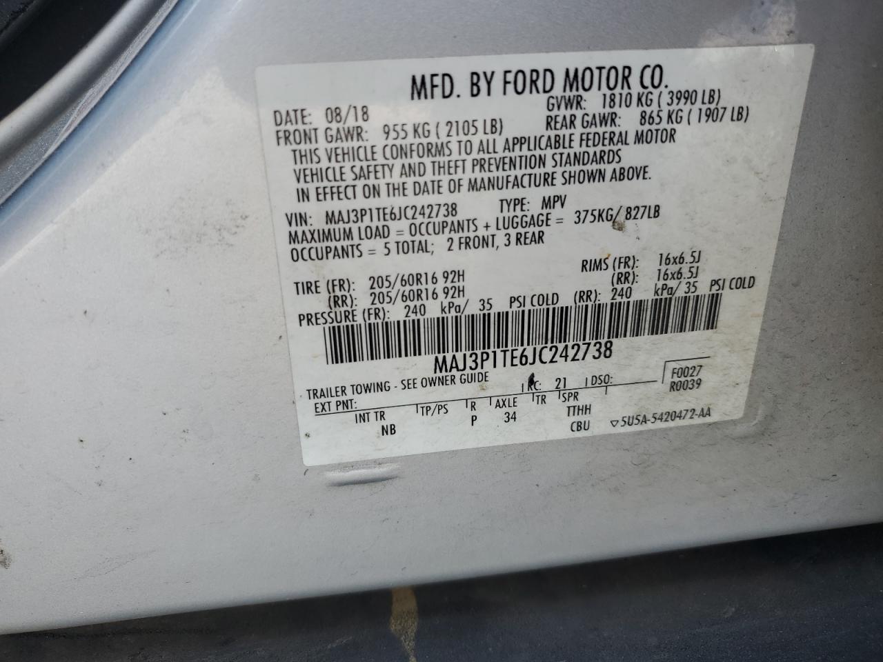 2018 Ford Ecosport Se VIN: MAJ3P1TE6JC242738 Lot: 85261775