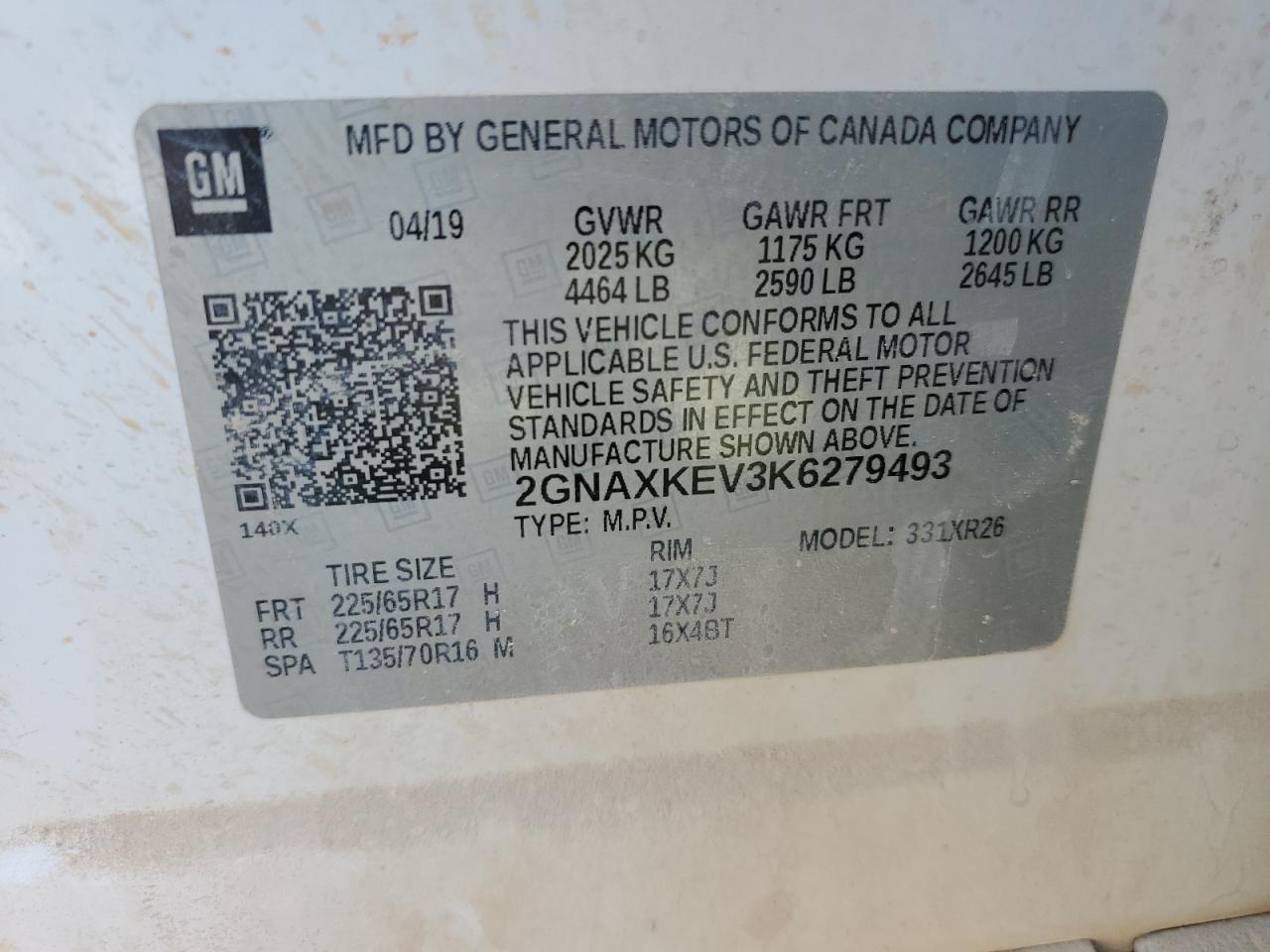 2019 Chevrolet Equinox Lt VIN: 2GNAXKEV3K6279493 Lot: 82350085