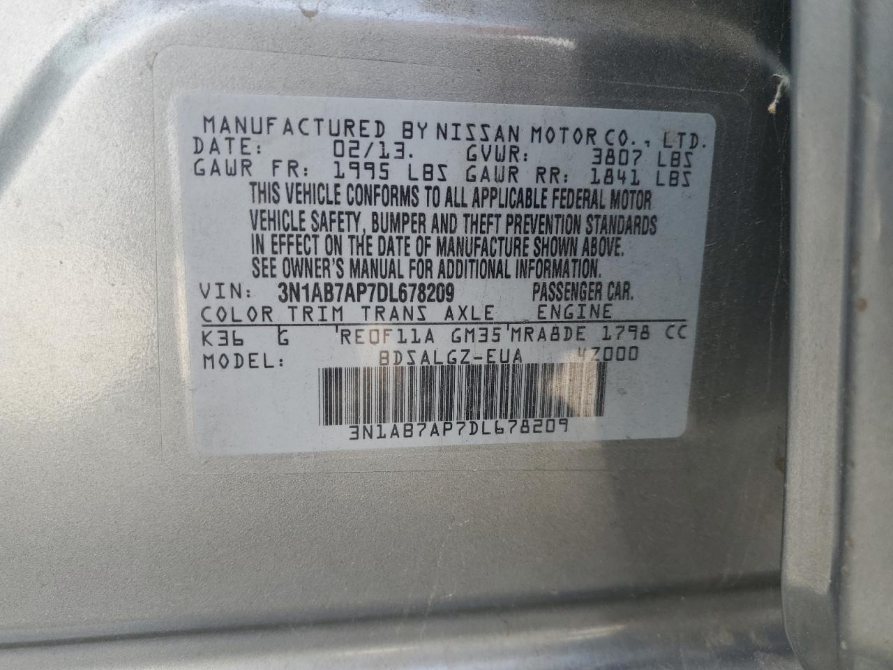 2013 Nissan Sentra S VIN: 3N1AB7AP7DL678209 Lot: 86483125