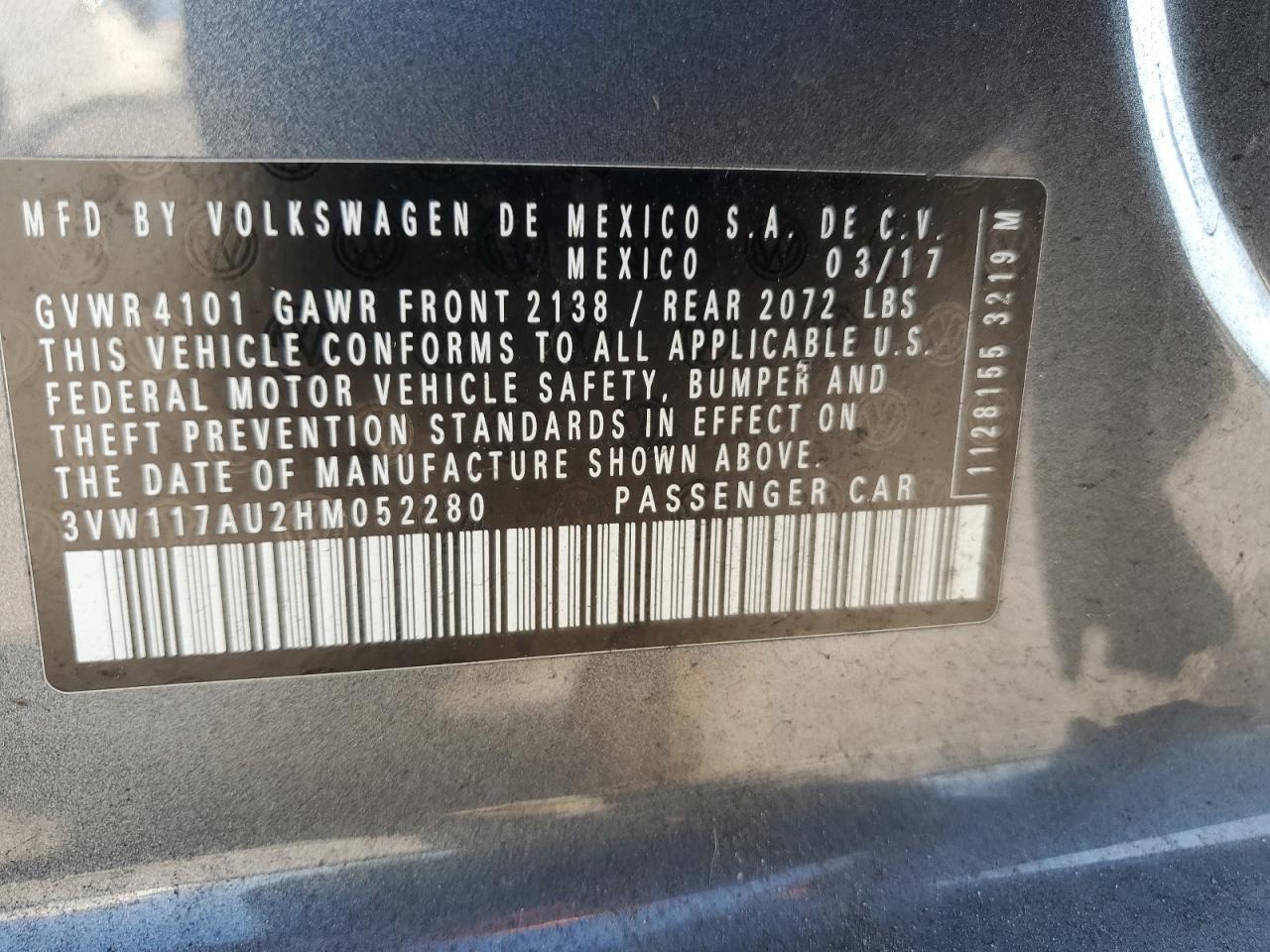 2017 Volkswagen Golf S VIN: 3VW117AU2HM052280 Lot: 89719285