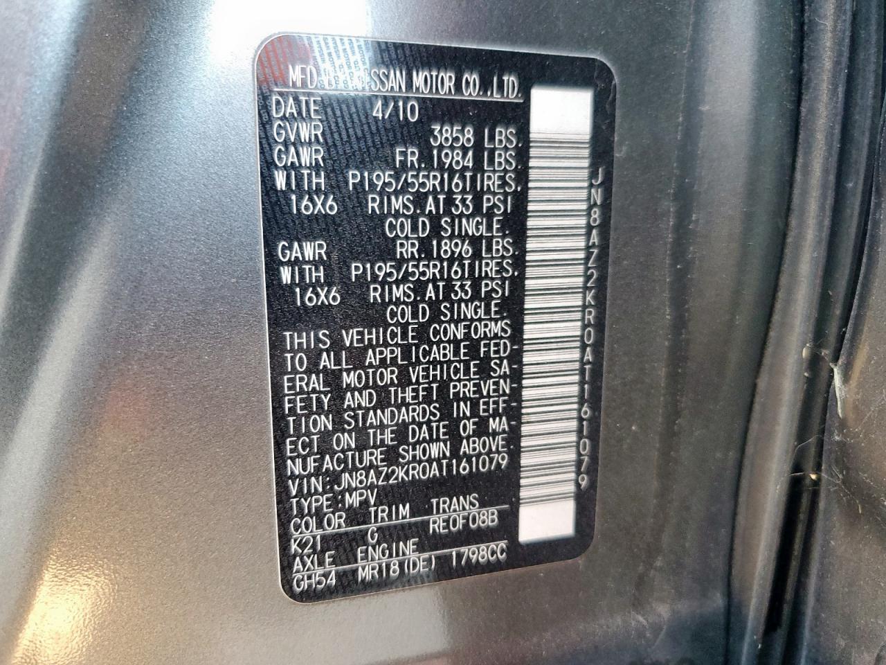 2010 Nissan Cube Base VIN: JN8AZ2KR0AT161079 Lot: 82465785