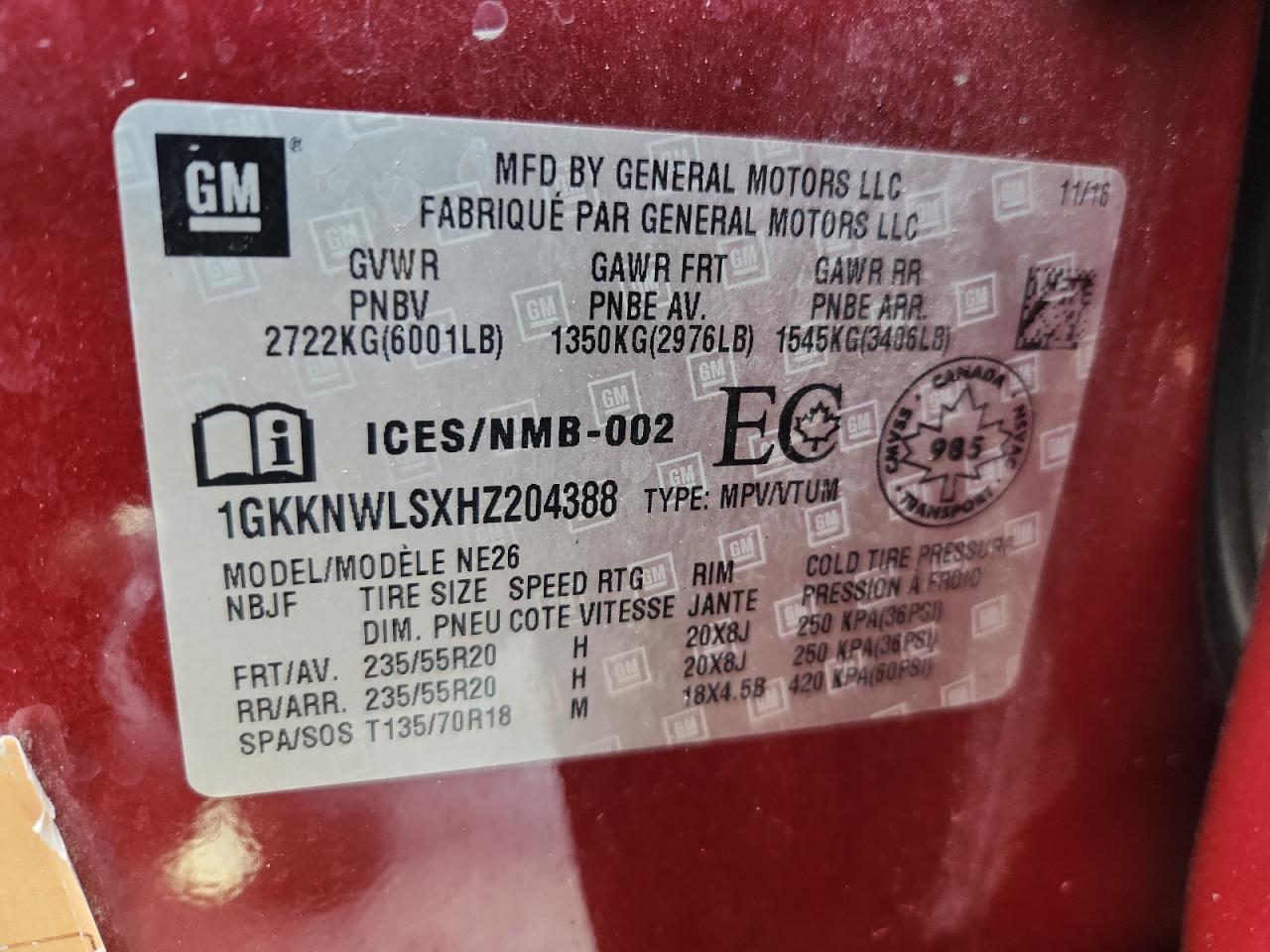 2017 GMC Acadia Slt-2 VIN: 1GKKNWLSXHZ204388 Lot: 81958545