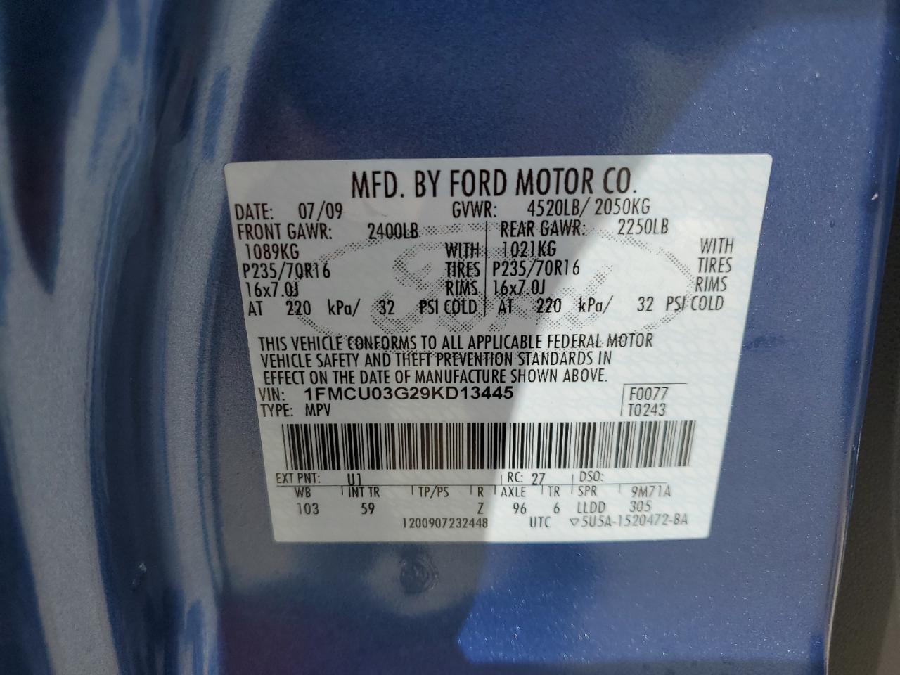 2009 Ford Escape Xlt VIN: 1FMCU03G29KD13445 Lot: 84780285