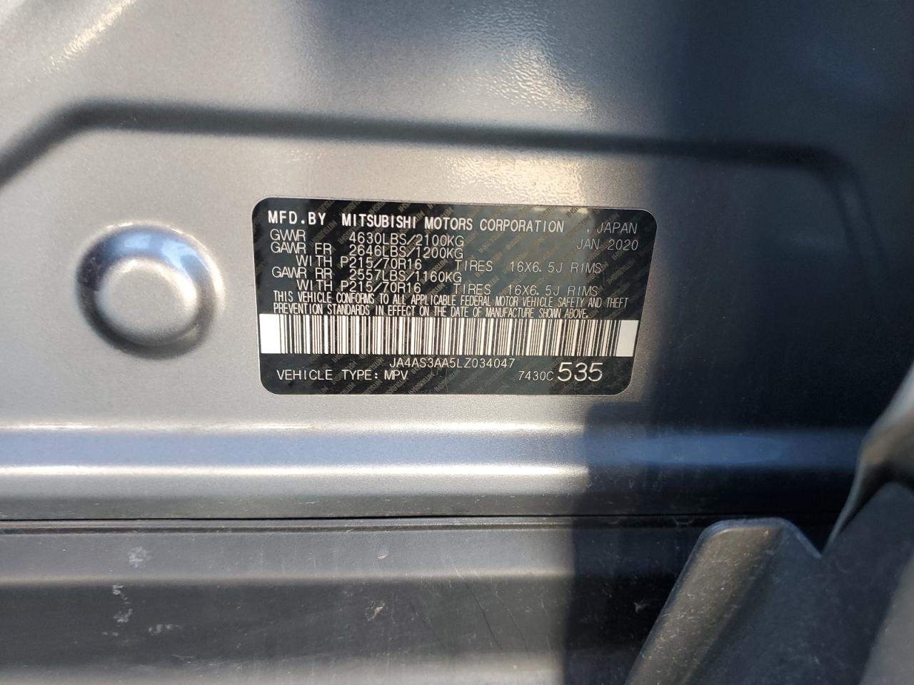 2020 Mitsubishi Eclipse Cross Es VIN: JA4AS3AA5LZ034047 Lot: 91079845