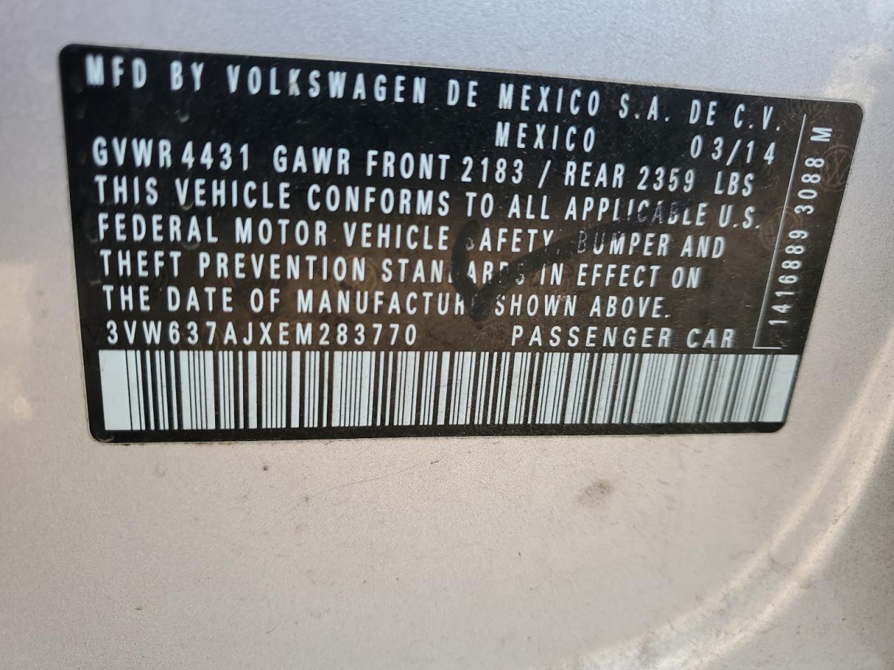 2014 Volkswagen Jetta Hybrid VIN: 3VW637AJXEM283770 Lot: 82251345