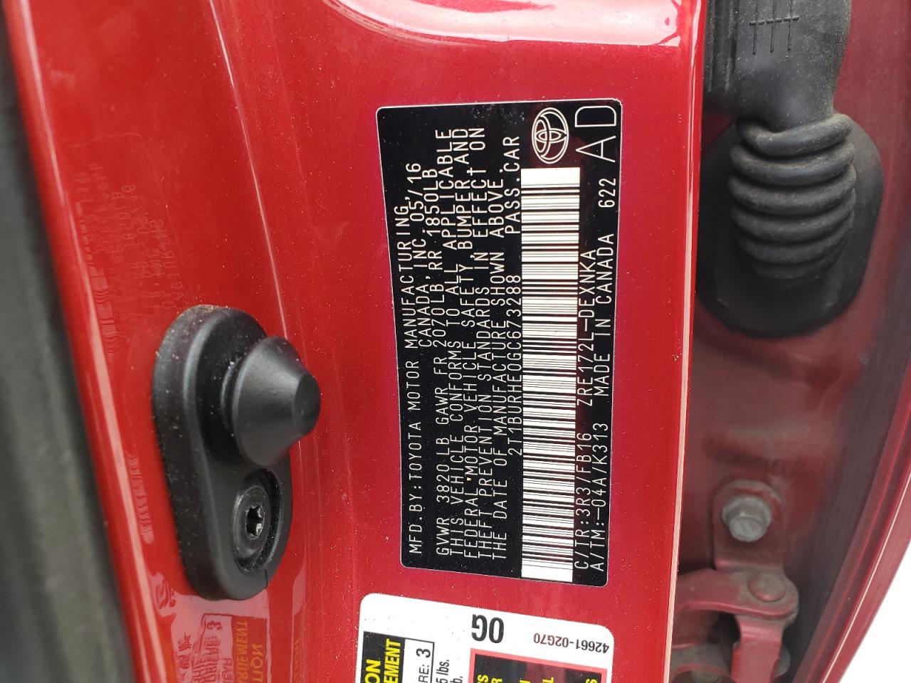 2016 Toyota Corolla L VIN: 2T1BURHE0GC673288 Lot: 90584055