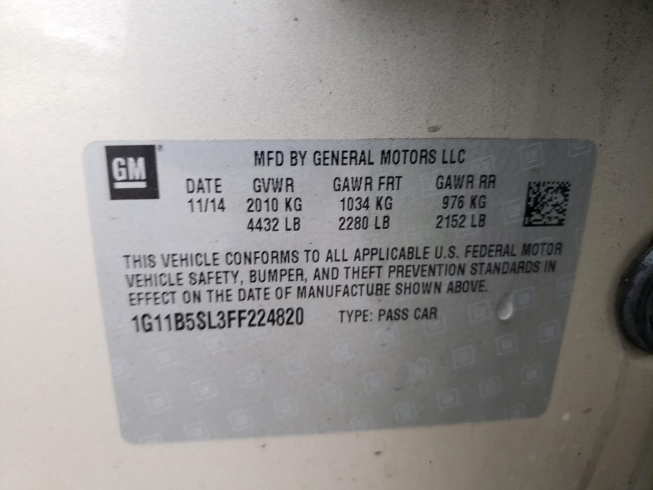 2015 Chevrolet Malibu Ls VIN: 1G11B5SL3FF224820 Lot: 85269945