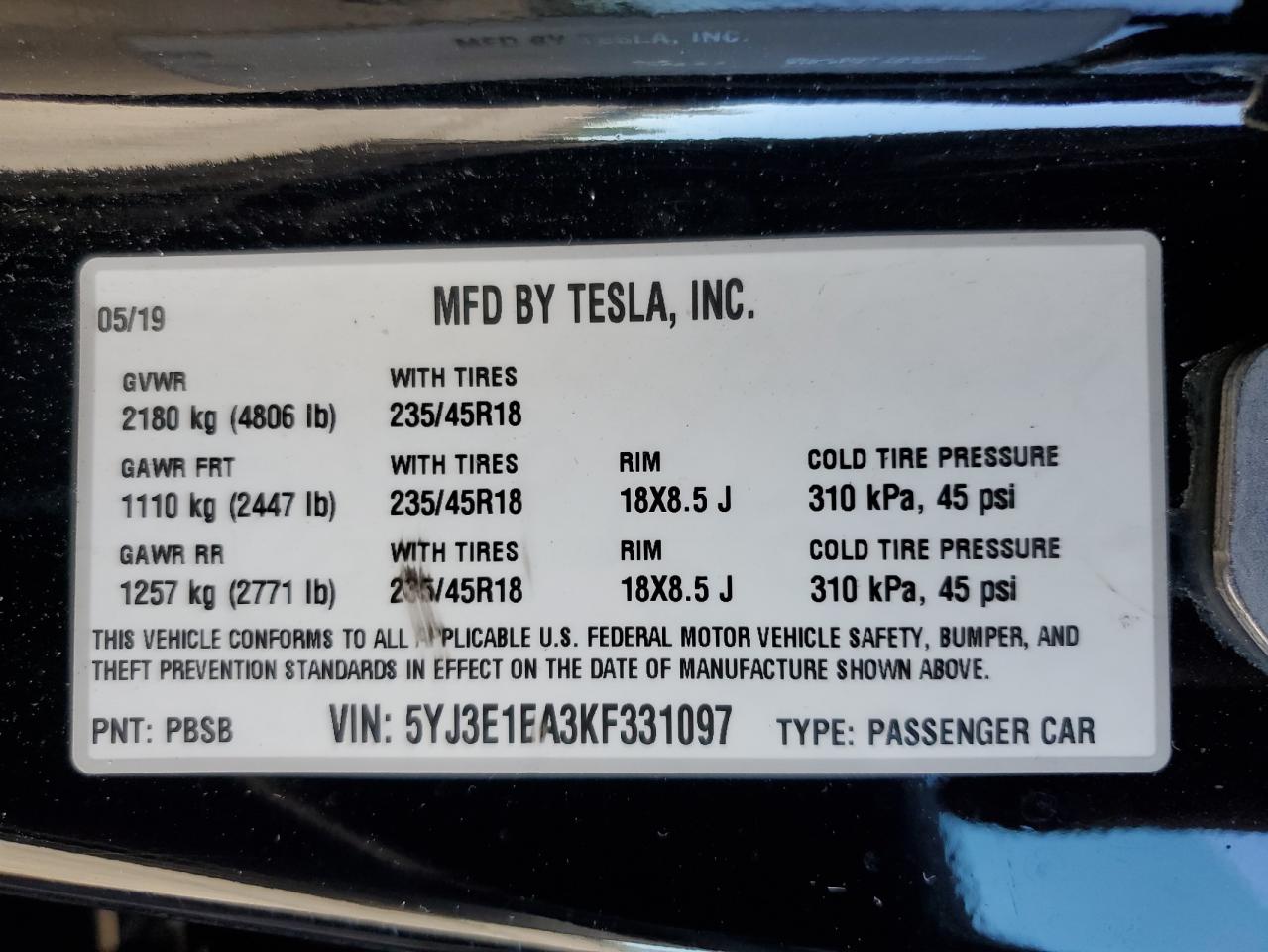 2019 Tesla Model 3 VIN: 5YJ3E1EA3KF331097 Lot: 90698445