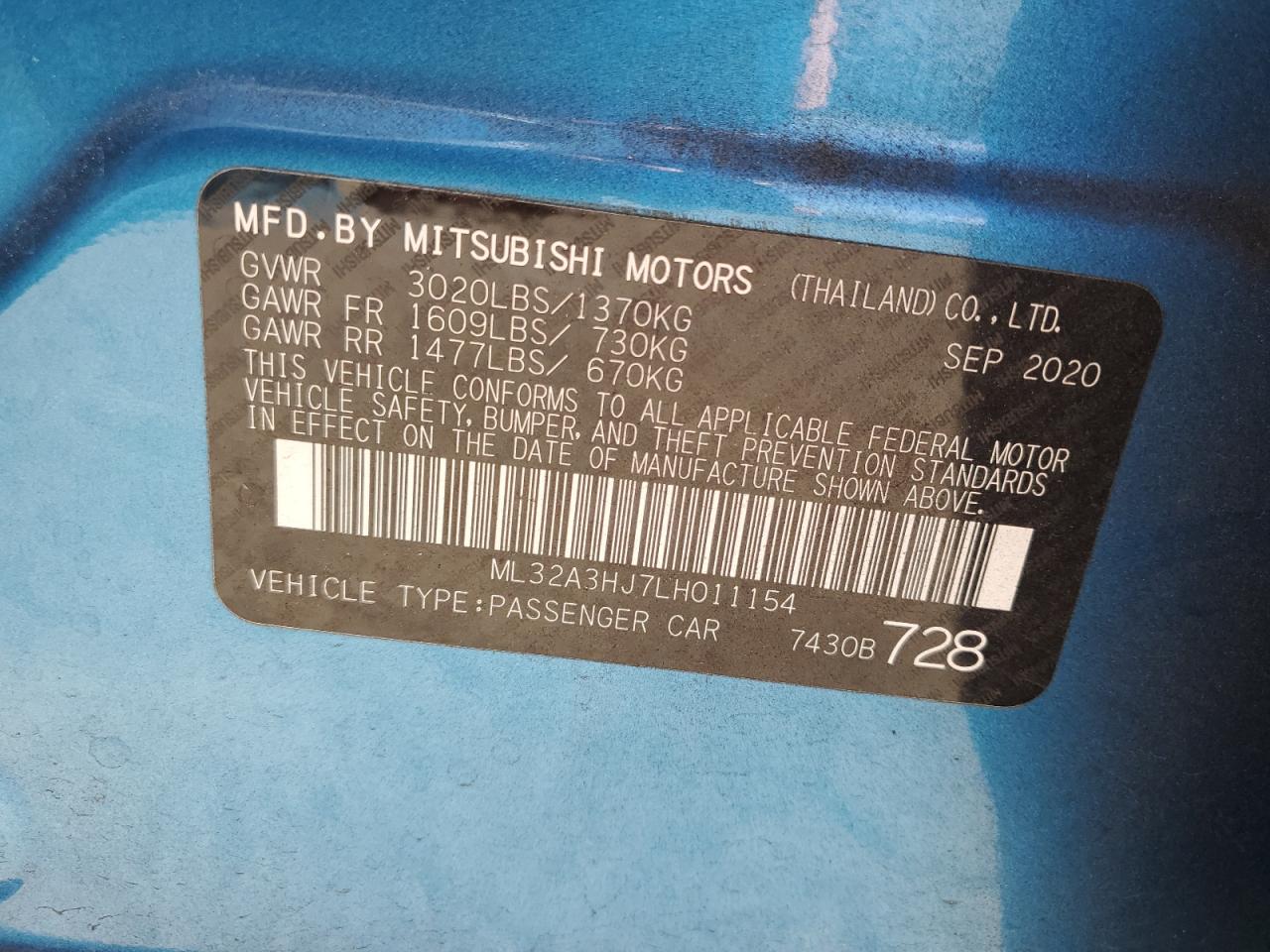 2020 Mitsubishi Mirage Es VIN: ML32A3HJ7LH011154 Lot: 82405605