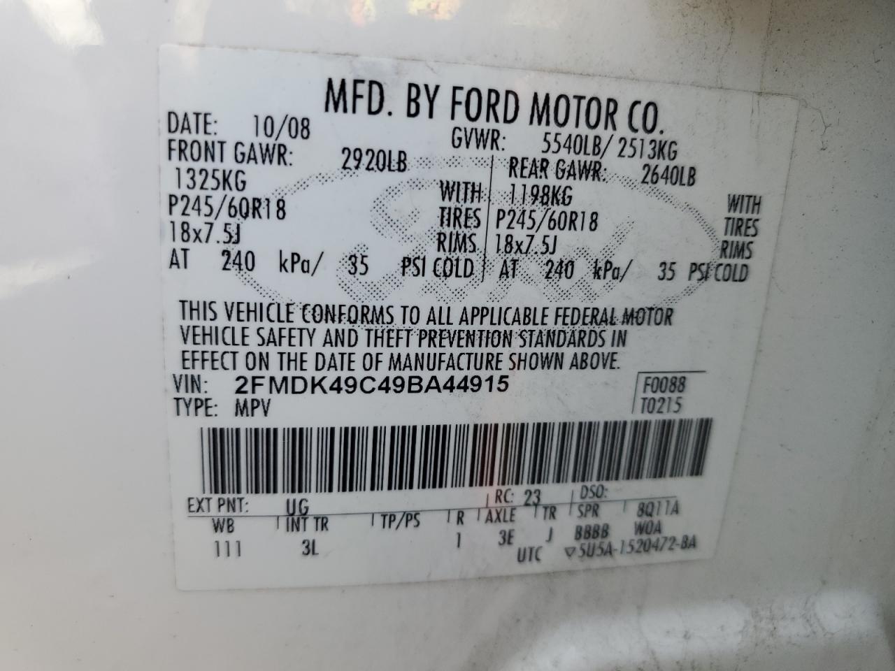 2009 Ford Edge Limited VIN: 2FMDK49C49BA44915 Lot: 89873705