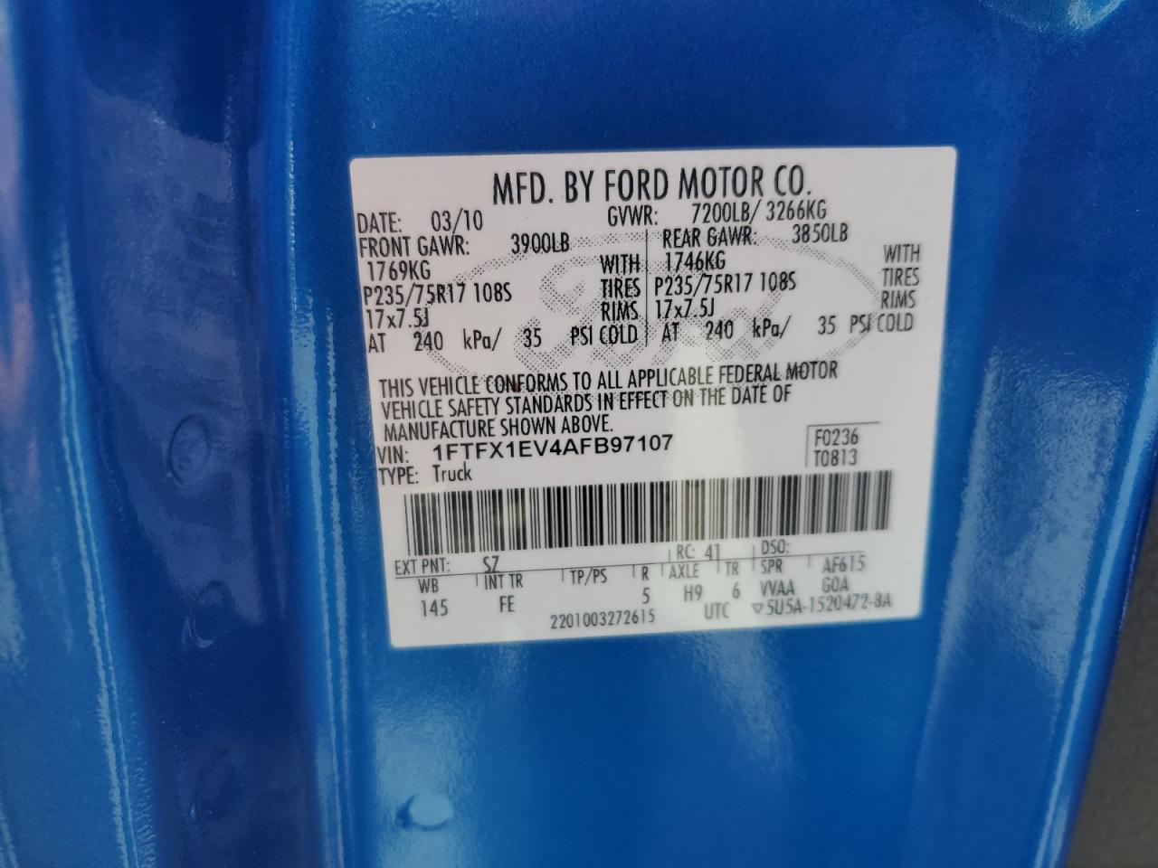 2010 Ford F150 Super Cab VIN: 1FTFX1EV4AFB97107 Lot: 85101835