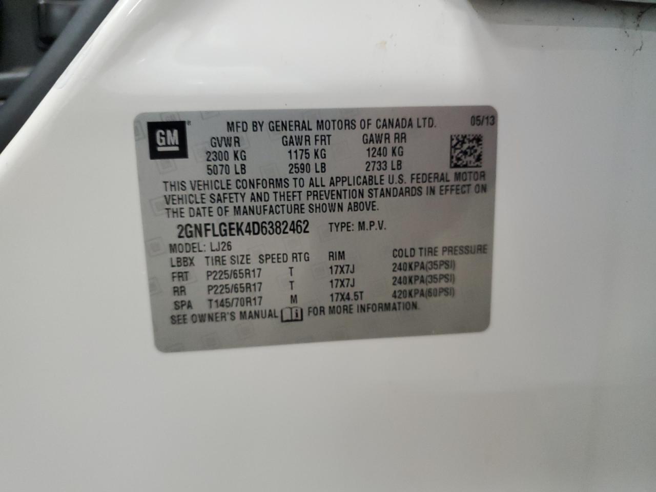 2013 Chevrolet Equinox Ltz VIN: 2GNFLGEK4D6382462 Lot: 85736685