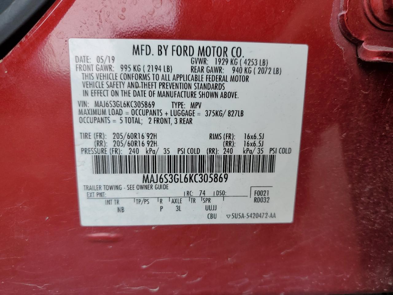 2019 Ford Ecosport Se VIN: MAJ6S3GL6KC305869 Lot: 86524165