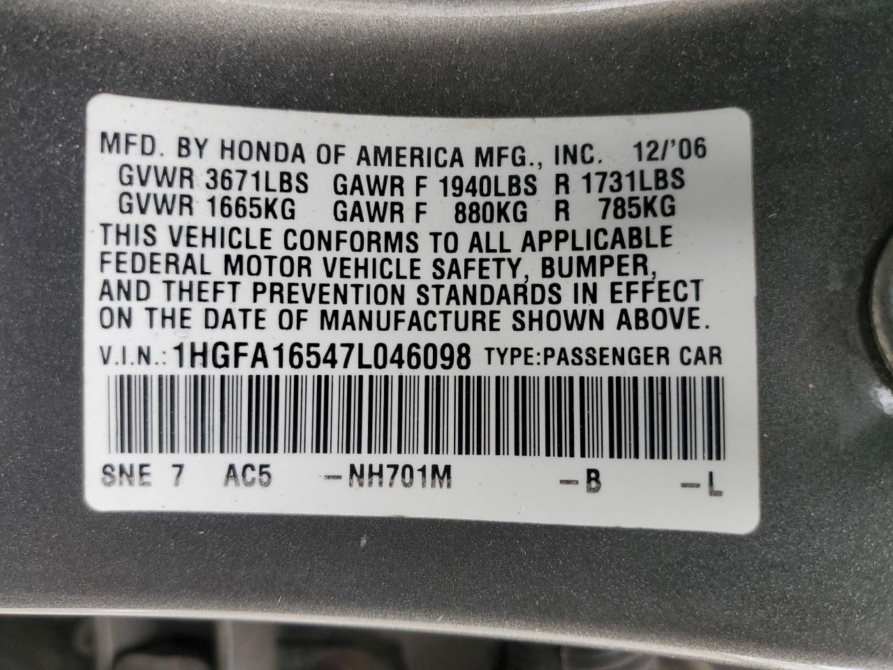 2007 Honda Civic Lx VIN: 1HGFA16547L046098 Lot: 84932245