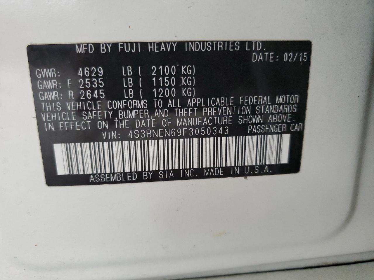 2015 Subaru Legacy 3.6R Limited VIN: 4S3BNEN69F3050343 Lot: 85736745