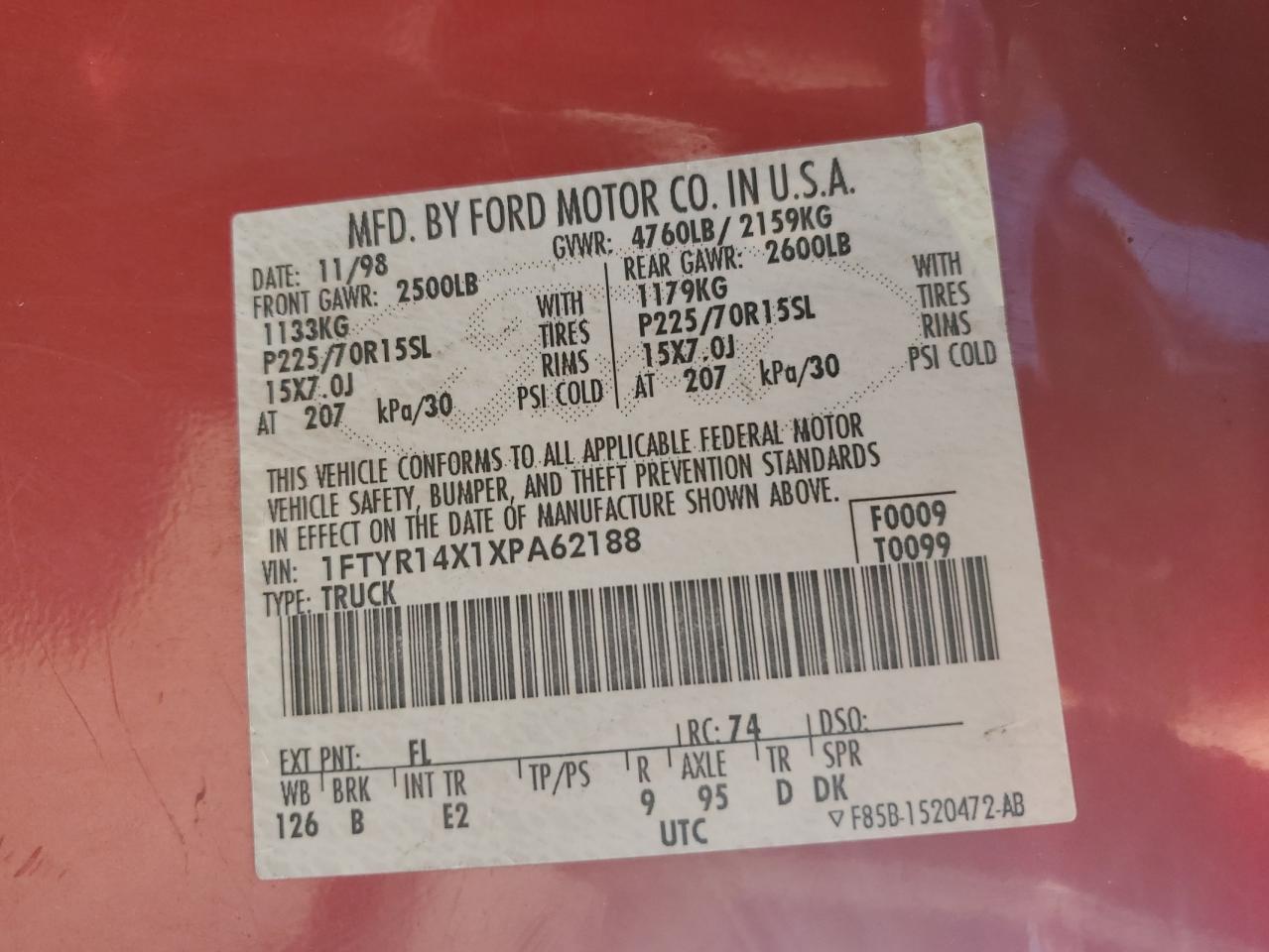 1999 Ford Ranger Super Cab VIN: 1FTYR14X1XPA62188 Lot: 86303185