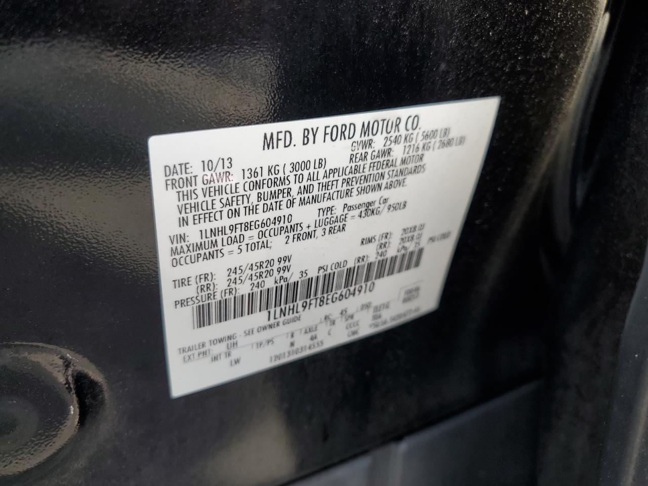 2014 Lincoln Mks VIN: 1LNHL9FT8EG604910 Lot: 82267505