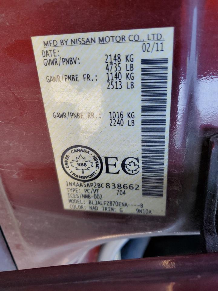 2011 Nissan Maxima S VIN: 1N4AA5AP2BC838662 Lot: 85179015