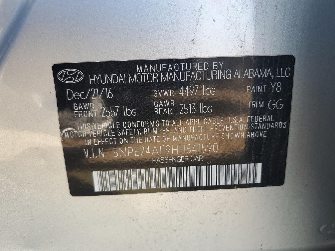 2017 Hyundai Sonata Se VIN: 5NPE24AF9HH541590 Lot: 82193185