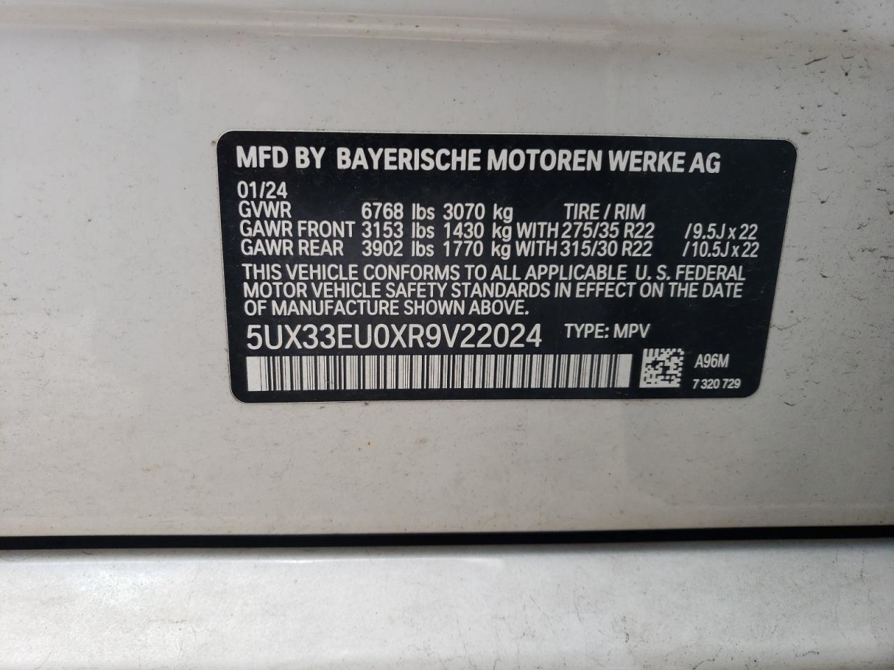 2024 BMW X5 M60I VIN: 5UX33EU0XR9V22024 Lot: 85600155